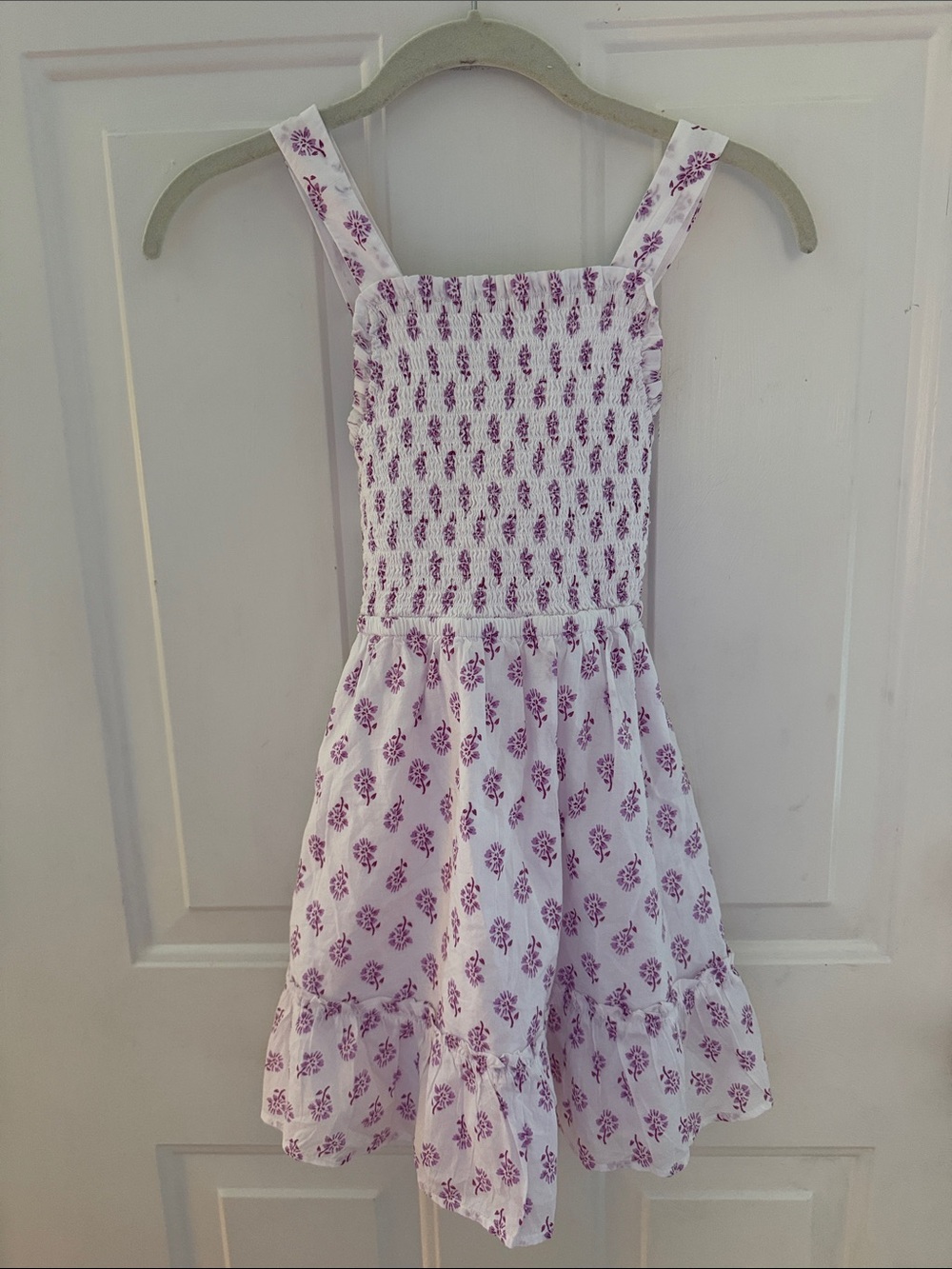 J. Crew White Sundress with Purple Floral Print and Ruffle Hem